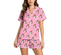 Genérico Conjunto de Pijama para Mujer con Cuello Solapa, Camiseta de Manga Corta y Pantalones Cortos, Estampado de Fantasmas para Halloween, Ropa de hogar cómoda para Descanso en casa