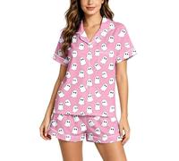Genérico Conjunto de Pijama para Mujer con Cuello Solapa, Camiseta de Manga Corta y Pantalones Cortos, Estampado de Fantasmas para Halloween, Ropa de hogar cómoda para Descanso en casa
