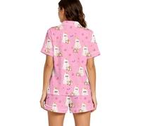 Genérico Conjunto de Pijama para Mujer con Cuello Solapa, Camiseta de Manga Corta y Pantalones Cortos, Estampado de Fantasmas para Halloween, Ropa de hogar cómoda para Descanso en casa
