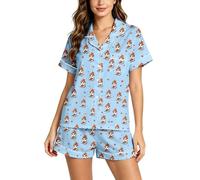Genérico Conjunto de Pijama para Mujer con Cuello Solapa, Camiseta de Manga Corta y Pantalones Cortos, Estampado de Fantasmas para Halloween, Ropa de hogar cómoda para Descanso en casa