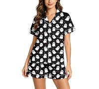 Genérico Conjunto de Pijama para Mujer con Cuello Solapa, Camiseta de Manga Corta y Pantalones Cortos, Estampado de Fantasmas para Halloween, Ropa de hogar cómoda para Descanso en casa