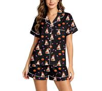 Genérico Conjunto de Pijama para Mujer con Cuello Solapa, Camiseta de Manga Corta y Pantalones Cortos, Estampado de Fantasmas para Halloween, Ropa de hogar cómoda para Descanso en casa