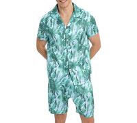 Genérico Conjunto De Pijama - Pijamas Hombre Camisa cómoda de Seda de imitación Satinada con Flores de Primavera y Verano para Hombre Pantalones Cortos Traje de Servicio a Domicilio (Mint Green L)