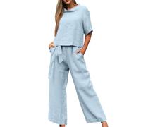 Generico Conjunto de verano para mujer de algodón 2025, mono de lino de dos piezas Baggy Blusa + pantalones de cintura alta transpirables, a la moda, cómodos, de color liso para las vacaciones