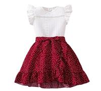 Genérico Conjunto de verano para niñas de 7 a 10 años: top de encaje floral con falda de lunares, dos piezas coordinadas para ocasiones especiales y juegos al aire libre (White, 7-8 Years)