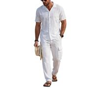 Genérico Conjunto Hombre de 2 Piezas Camisa Manga Corta Abotonada Cuello Mao Parte Superior Casual con Cordón en La Cintura de Un Solo Color Conjuntos de Salón