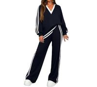Genérico Conjunto Mujer Dos Tonos - Ropa Mujer Primavera 2026 Deportiva Casual, Conjuntos Moda Entallado, Top Cuello En V Y Pantalón - Adecuados Para Primavera Y Otoño negro XL