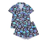 Genérico Conjunto Pijama Corto Mujer Satinado Halloween, Estampado Calaveras Holográficas y Flores Coloridas Comodidad