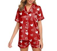 Genérico Conjunto Pijama Mujer satén Seda Manga Corta, Verano Dos Piezas diseño corazón Suave cómodo Holgado Transpirable Ropa hogar San Valentín Fiesta Noche Viajes Vacaciones