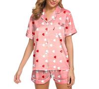 Genérico Conjunto Pijama Mujer satén Seda Manga Corta, Verano Dos Piezas diseño corazón Suave cómodo Holgado Transpirable Ropa hogar San Valentín Fiesta Noche Viajes Vacaciones