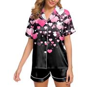 Genérico Conjunto Pijama Mujer satén Seda Manga Corta, Verano Dos Piezas diseño corazón Suave cómodo Holgado Transpirable Ropa hogar San Valentín Fiesta Noche Viajes Vacaciones