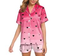 Genérico Conjunto Pijama Mujer satén Seda Manga Corta, Verano Dos Piezas diseño corazón Suave cómodo Holgado Transpirable Ropa hogar San Valentín Fiesta Noche Viajes Vacaciones