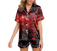 Genérico Conjunto Pijama Mujer satén Seda Manga Corta, Verano Dos Piezas diseño corazón Suave cómodo Holgado Transpirable Ropa hogar San Valentín Fiesta Noche Viajes Vacaciones