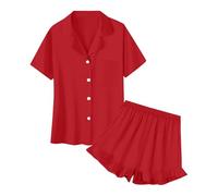 Genérico Conjunto Pijama para Mujer Color Liso - San Valentin Regalos Mujer Casual, Pijamas Chic Conjuntos Único, Top Manga Corta Cuello De Solapa Botones Y Pantalones Cortos Rojo XL