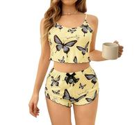Genérico Conjunto Pijama para Mujer Estampado - San Valentin Regalos Mujer Chic, Pijamas Sexy En Interiores Conjuntos Único, Top Tirantes Y Pantalones Cortos Amarillo M
