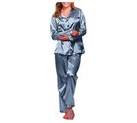 Genérico Conjunto Ropa Interior Mujer Conjunto de Lencería Saten para Dormir Pijama Largo Mujer Elegante y Cómodo Traje de Descanso Nocturno (Navy, L)