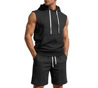Genérico Conjunto Verano Hombre Color Liso - Camiseta Sin Mangas Con Capucha Y Shorts, Ropa Verano Hombre Conjunto Único Ligera Transpirable, 2 Piezas Playa Calle Vacaciones negro XXL