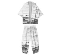 Genérico Conjunto Verano Kimono 2 Piezas Camisas Manga Corta Traje Hombre Camiseta de Entrenamiento y Pantalones Cortos Bata Japonesa Tradicional Cardigan Estampado CláSica Túnica Superior