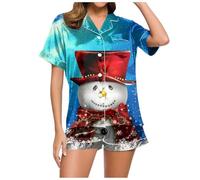 Genérico Conjuntos Elegantes Mujer, Conjunto De Pijama Informal con Estampado NavideñO para Mujer De SatéN De Seda De Manga Corta con Botones Y Pantalones Cortos para Estar En Casa