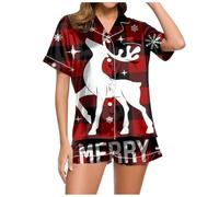 Genérico Conjuntos Elegantes Mujer, Conjunto De Pijama Informal con Estampado NavideñO para Mujer De SatéN De Seda De Manga Corta con Botones Y Pantalones Cortos para Estar En Casa