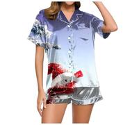 Genérico Conjuntos Elegantes Mujer, Conjunto De Pijama Informal con Estampado NavideñO para Mujer De SatéN De Seda De Manga Corta con Botones Y Pantalones Cortos para Estar En Casa