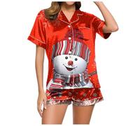 Genérico Conjuntos Elegantes Mujer, Conjunto De Pijama Informal con Estampado NavideñO para Mujer De SatéN De Seda De Manga Corta con Botones Y Pantalones Cortos para Estar En Casa