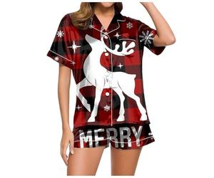 Genérico Conjuntos Elegantes Mujer, Conjunto De Pijama Informal con Estampado NavideñO para Mujer De SatéN De Seda De Manga Corta con Botones Y Pantalones Cortos para Estar En Casa