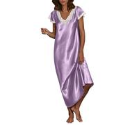 Genérico Conjuntos Mujer Verano Pijama con Botones Mujer Women S Satin Pajamas Lace Spliced Short Sleeve V Neck Clothes Pajamas Long Dress Pijamas Tallas Grandes Pijamas Purple XXL