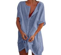 Genérico Copricostume Donna Mare Abito Lino Cotone Camicia Manica Corta Casual Scollo a V Manica Corta Vestito Mare Cover Up Corto Abito Spiaggia Donna Estivo con Bottoni Cada día