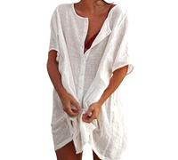 Genérico Copricostume Donna Mare Abito Lino Cotone Camicia Manica Corta Casual Scollo a V Manica Corta Vestito Mare Cover Up Corto Abito Spiaggia Donna Estivo con Bottoni Cada día