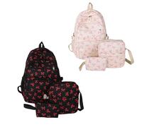 Genérico Coquette Bow Backpack, Aesthetic Nylon Rucksack, Cute Kawaii Backpack 3Pcs Set for Girls (pink+red)