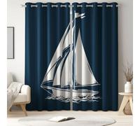 Genérico - Cortina opaca con ojales, diseño de velero, con banderas, 2 unidades, color azul