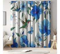 Genérico Cortina térmica Aislante Verde Azulado con Animal Ave Mariposa Flor, 2 Piezas con Ojales para ventanales, salón y Dormitorio, privacidad y protección Solar, 117 x 137 cm