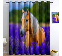 Genérico Cortinas Morado Opacas con Ojales, 2 Paneles, 140 An x 245 Al cm, Cortinas térmicas aislantes contra el frío con Estampado Naturaleza Animales Caballos Flores, para Decorar la habitación