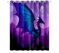 Genérico Cortinas Opacas con Respaldo Negro 70 An x 160 Al cm, 2 Piezas, Cortinas Morado Decoracion Dormitorio Cortinajes de poliéster con Estampado de Fantasía Animal Dragón Azul