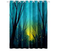 Genérico Cortinas Opacas con Respaldo Negro 75 An x 166 Al cm, 2 Piezas, Cortinas Turquesa Decoracion Dormitorio Cortinajes de poliéster con Estampado de Lindo Dibujos Animados Bosque Luciérnagas