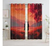 Genérico Cortinas Opacas Retro Montañas Abstractas Samuráis, Salon Dormitorio Decoración de La Ventana,Arancione Impresión Cortinas Ollaos, Aislantes Frio y Calo, 2 Piezas 150An x 280Al cm