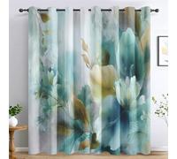 Genérico Cortinas Salon Floral Verde Azulado, Cortinas Dormitorio Opacas Flor Acuarela Planta Decoracion Habitacion, con Ojales, Termica Blackout Curtains 140x200 cm 2 Piezas (An x Al) E-D12