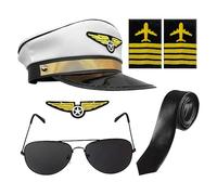 Genérico Cosplay Accessories, Airline Captain Set, Role Play Uniform, Polyester Material, Includes Hat Tie Epaulettes Glasses Badge, Career Day Carnival Costume, Adjustable, White, 6 Pieces