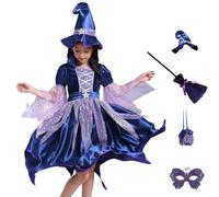Genérico Costume Strega Magico per Bambina, Vestito Azul HalloweenBambina con Bacchetta Magica, Sombrero, Bolsa de Dulces, Vestito Strega Halloween Carnevale y Navidad per Bambina 4-14 Años
