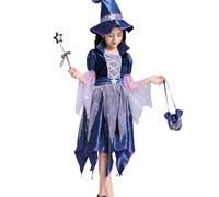 Genérico Costume Strega Magico per Bambina, Vestito Azul HalloweenBambina con Bacchetta Magica, Sombrero, Bolsa de Dulces, Vestito Strega Halloween Carnevale y Navidad per Bambina 4-14 Años