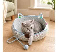 Genérico Cotton Rope Cat Bed Basket, Handwoven Cat Bed Basket with Scratching Ball, Breathable Round Cat Scratcher Bed, Cute Cat Ear Design, All Season Cozy Sleeping Nest for Indoor Cats (Blue,S)