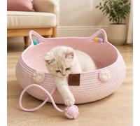 Genérico Cotton Rope Cat Bed Basket, Handwoven Cat Bed Basket with Scratching Ball, Breathable Round Cat Scratcher Bed, Cute Cat Ear Design, All Season Cozy Sleeping Nest for Indoor Cats (Pink,M)