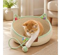 Genérico Cotton Rope Cat Bed Basket, Handwoven Cat Bed Basket with Scratching Ball, Breathable Round Cat Scratcher Bed, Cute Cat Ear Design, All Season Cozy Sleeping Nest for Indoor Cats (Green,L)