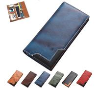 Genérico Cowhide Vintage Wallet, Mens Women Leather Bifold Long Card Wallets RFID Blocking Carteras para Hombres Handcrafted Wallets (Blue)