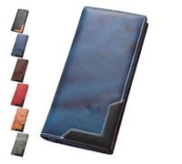 Genérico Cowhide Vintage Wallet, Recallcious Cowhide Vintage Wallet, Western Bifold Leather Long Wallets, Big Checkbook Handcrafted Wallets (Blue)