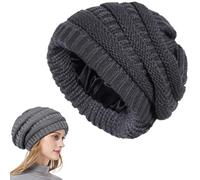 Genérico Cozy Cable Knit Beanie, Winter Chunky Stretchy Slouchy Beanie with Warm Satin Lined for Women Men (Dark Grey)