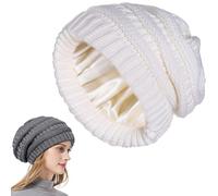 Genérico Cozy Cable Knit Beanie, Winter Chunky Stretchy Slouchy Beanie with Warm Satin Lined for Women Men (White)