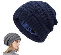 Genérico Cozy Cable Knit Beanie, Winter Chunky Stretchy Slouchy Beanie with Warm Satin Lined for Women Men (Navy Blue)