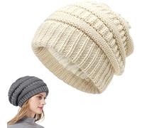 Genérico Cozy Cable Knit Beanie, Winter Chunky Stretchy Slouchy Beanie with Warm Satin Lined for Women Men (Beige)